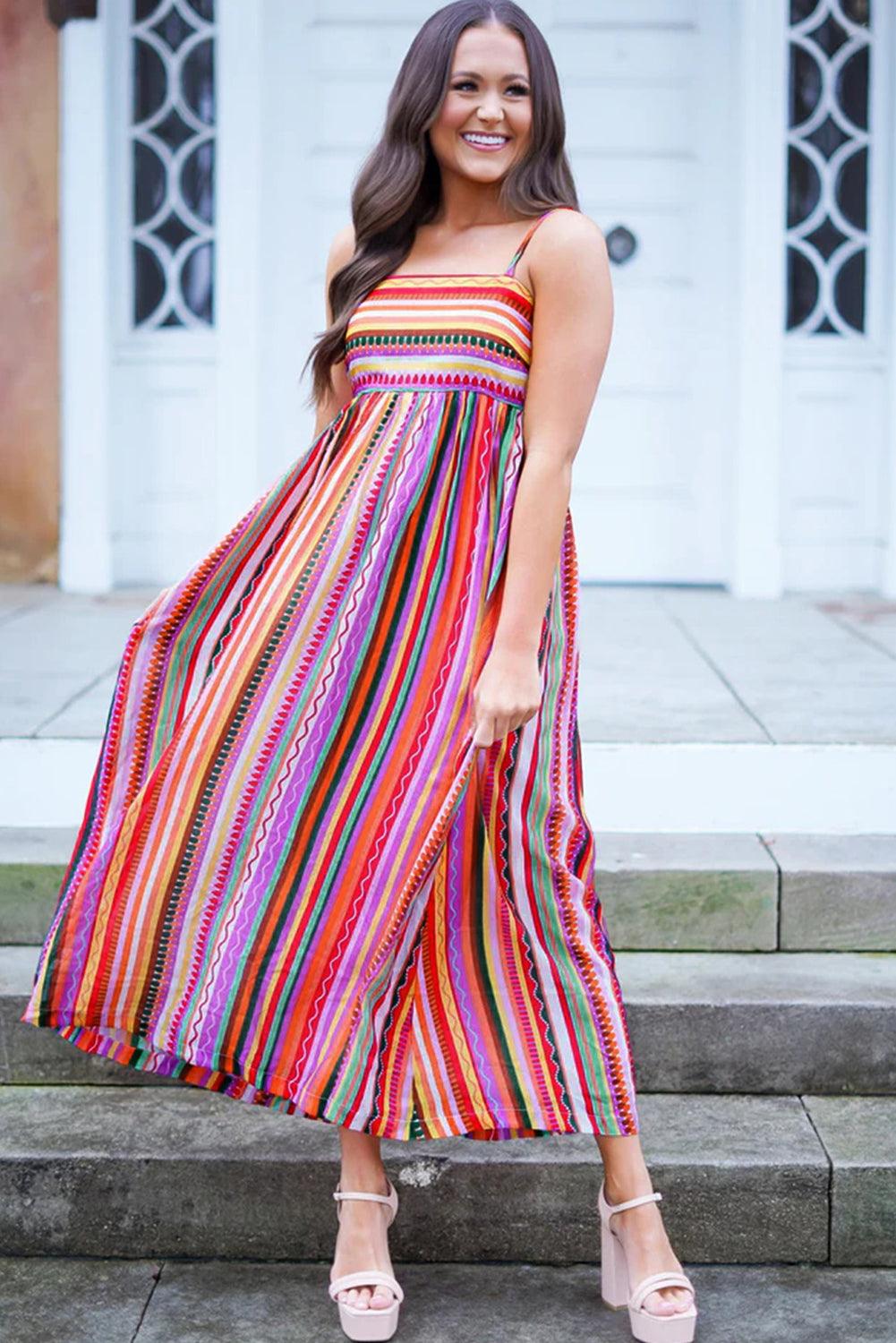 Janou™ | Boho Maxi Jurk met Dunne Bandjes en Smocked Rug - JURKJESWINKELTJE