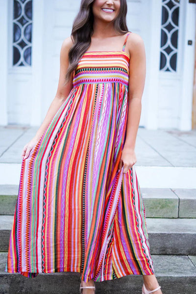 Janou™ | Boho Maxi Jurk met Dunne Bandjes en Smocked Rug - JURKJESWINKELTJE