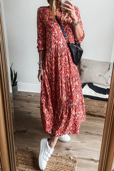 Leona™ | Geplooide Maxi Jurk met V - Hals en Abstracte Print - JURKJESWINKELTJE