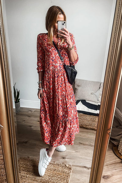 Leona™ | Geplooide Maxi Jurk met V - Hals en Abstracte Print - JURKJESWINKELTJE