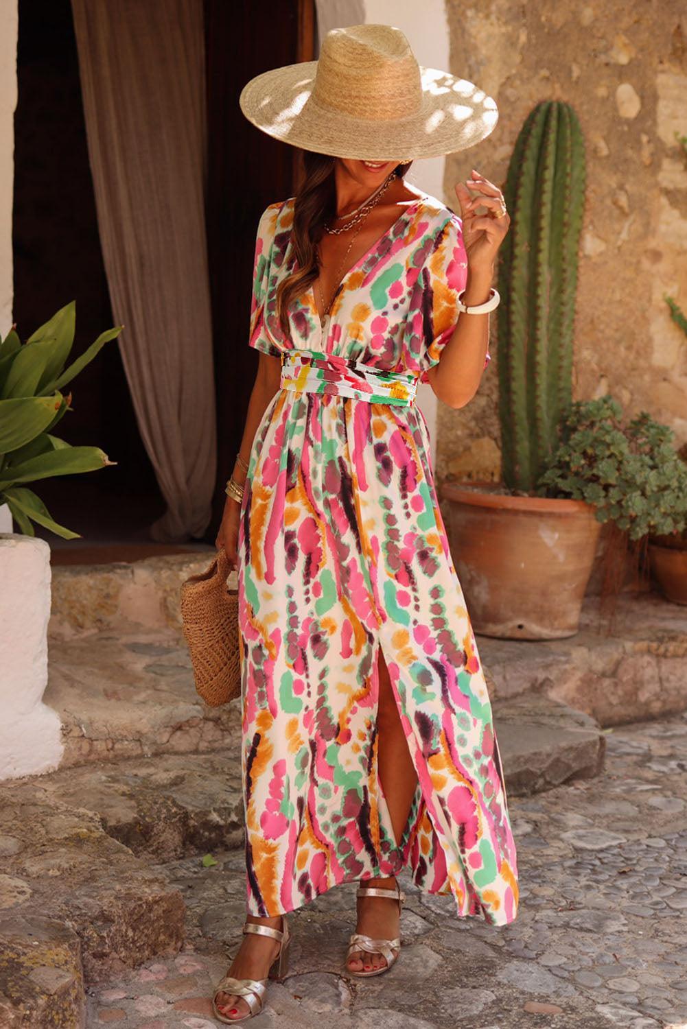 Nadine™ | Boho Tie - dye V - hals Maxi Jurk - JURKJESWINKELTJE
