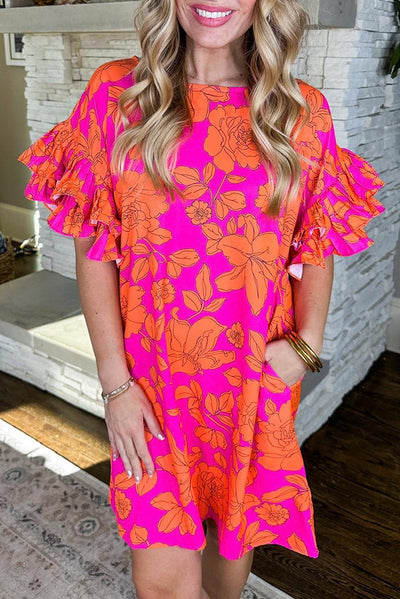 Nina™ | Korte Jurk met Bloemen en Ruchesmouwen - JURKJESWINKELTJE