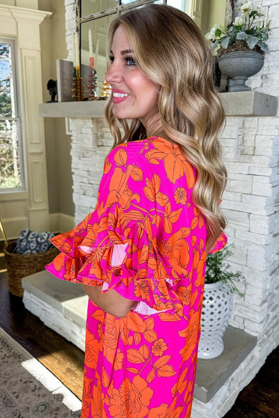 Nina™ | Korte Jurk met Bloemen en Ruchesmouwen - JURKJESWINKELTJE