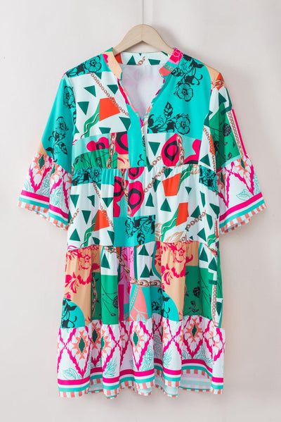 Rianne™ | Abstracte Mini Jurk met Halve Mouwen en Notch Hals - JURKJESWINKELTJE