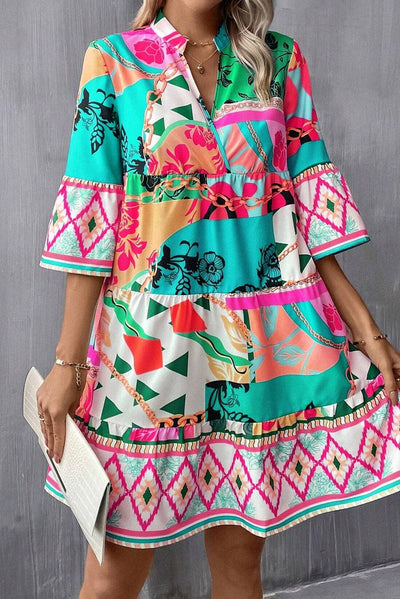 Rianne™ | Abstracte Mini Jurk met Halve Mouwen en Notch Hals - JURKJESWINKELTJE
