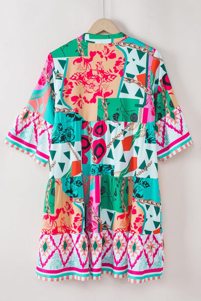 Rianne™ | Abstracte Mini Jurk met Halve Mouwen en Notch Hals - JURKJESWINKELTJE