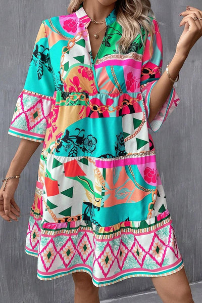 Rianne™ | Abstracte Mini Jurk met Halve Mouwen en Notch Hals - JURKJESWINKELTJE