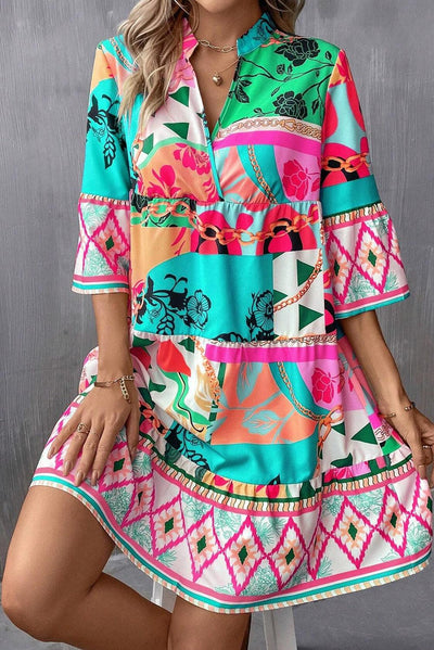 Rianne™ | Abstracte Mini Jurk met Halve Mouwen en Notch Hals - JURKJESWINKELTJE
