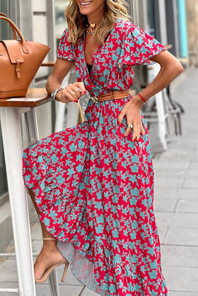 Rowena™ | V - hals Maxi Jurk met Bloemen en Ruches - JURKJESWINKELTJE