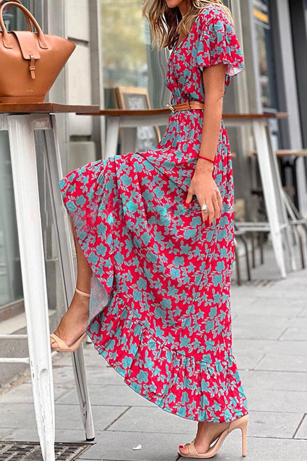 Rowena™ | V - hals Maxi Jurk met Bloemen en Ruches - JURKJESWINKELTJE