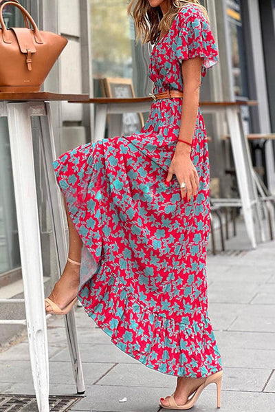Rowena™ | V - hals Maxi Jurk met Bloemen en Ruches - JURKJESWINKELTJE