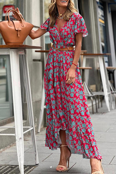 Rowena™ | V - hals Maxi Jurk met Bloemen en Ruches - JURKJESWINKELTJE