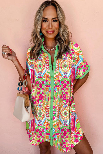 Tialda™ | Geometrische Print Mini Jurk met Korte Mouw - JURKJESWINKELTJE